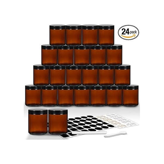 EkkoVla 24 Pack 8 oz Amber Round Glass Jars with Black Lids, Candle Making Jar, Empty Refillable Cosmetic Containers for Lotions, Face Creams, Body Butter, Powders, Ointments, Beauty Products