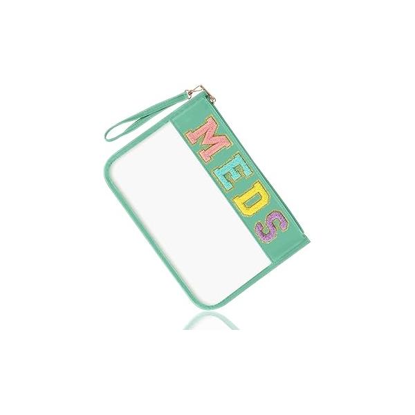 Chenille Letter Bag Clear MEDS Makeup Pouch, Preppy Small Medicine Travel Drugs Pills Zipper Pouch with Handle, Nylon Waterproof Portable Meds Toiletry Organizer for Patient Nurse(MEDS-Green)