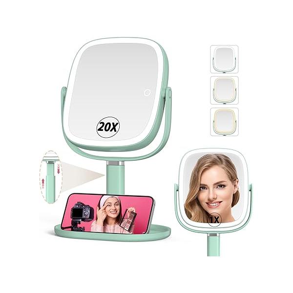Mocado Makeup Mirror with Lights, 1X/20X Magnifying Light, Vanity 3 Colors Height Adjustable Lighted Mirror, Double Sided 360°Rotation, Memory Function (Pink)