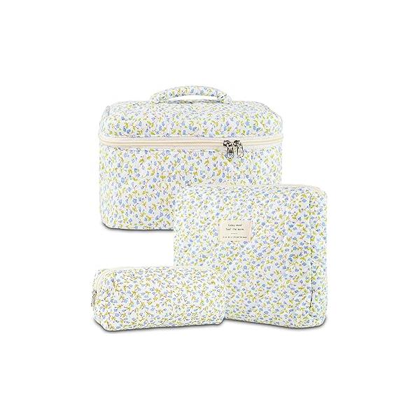 Makeup Bag, 3 PCS Quilted Cute Floral Cotton Cosmetic Bag set, Coquette Pouch Large Travel Toiletry
