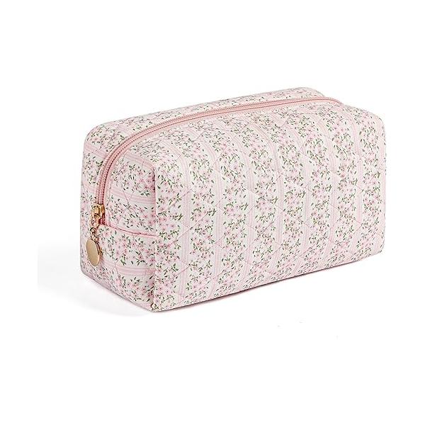 Gleyemor Small Quilted Makeup Bag for Women, Cute Floral Cotton Cosmetic Bag, Travel Toiletry Period Gifts Her Mom Friend Sister Bridesmaid (Purple Flower)