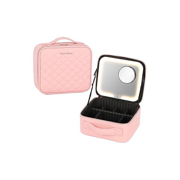 PU Leather Cosmetics Train Case with Removeable LED Lighted Mirror Rechargeable 3 Color Lights Adjustable Brightness Portable Makeup Artist Organizer Dividers (Pink)