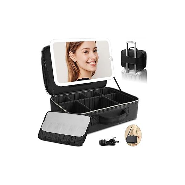 Upgraded Large Travel Makeup Bag with LED Mirror, 15” Professional Case 3 Color Modes Dimming Lighted Light up Cosmetic Make Organizer PU Leather Cover, Adjustable Dividers