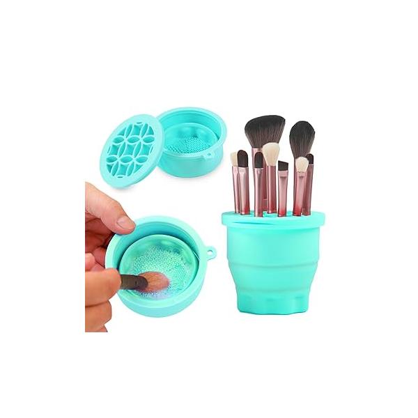 Makeup Brushes Cleaner Mat with Brush Storage Holder, Folding Portable Washing Tool for Cleaning, 2 In 1 Silicone Pad & Cosmetic Organizer Rack (Purple)