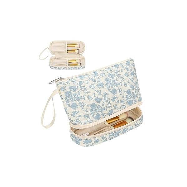 Ethereal Small Makeup Bag, 2 Layers Travel Make up Organizer Bag with Brush Holder, Portable Cosmetic for Women/Girls, Blue Flower