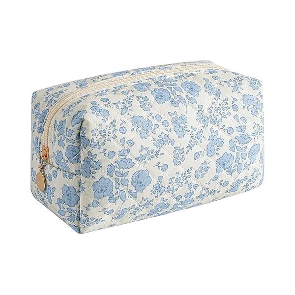 Gleyemor Small Quilted Makeup Bag for Women, Cute Floral Cotton Cosmetic Bag, Travel Toiletry Period Gifts Her Mom Friend Sister Bridesmaid (Purple Flower)