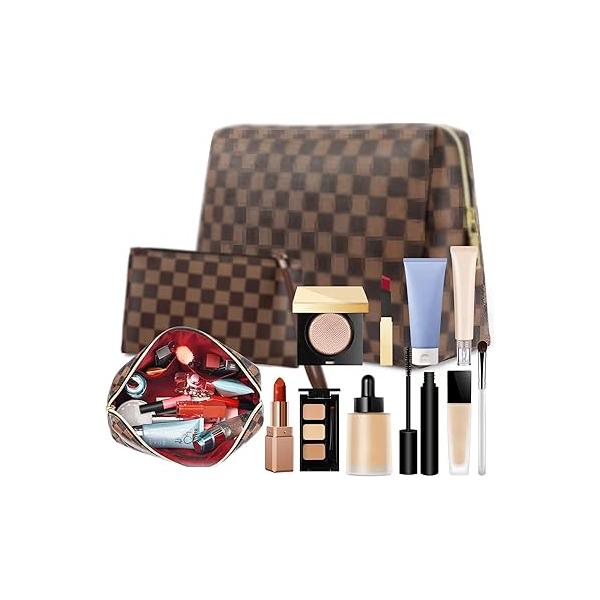 Makeup Bag, 2 Pcs Portable Leather Checkered Cosmetic Waterproof Travel Toiletry Bag for Women Gift