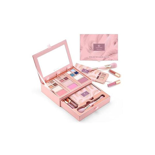 Color Nymph Small Makeup Palette Set for Face | Cosmetics Gift Women & Girls 12 Colors Eyeshadow, Blush, Highlighter, Contour Powder, Lip Gloss Brush Kit Travel-Friendly (Pink)