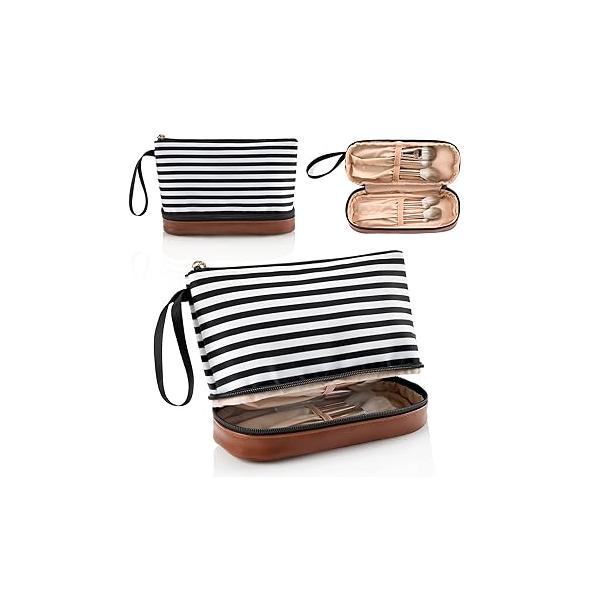 Ethereal Small Makeup Bag, 2 Layers Travel Make up Organizer Bag with Brush Holder, Portable Cosmetic for Women/Girls, Blue Flower