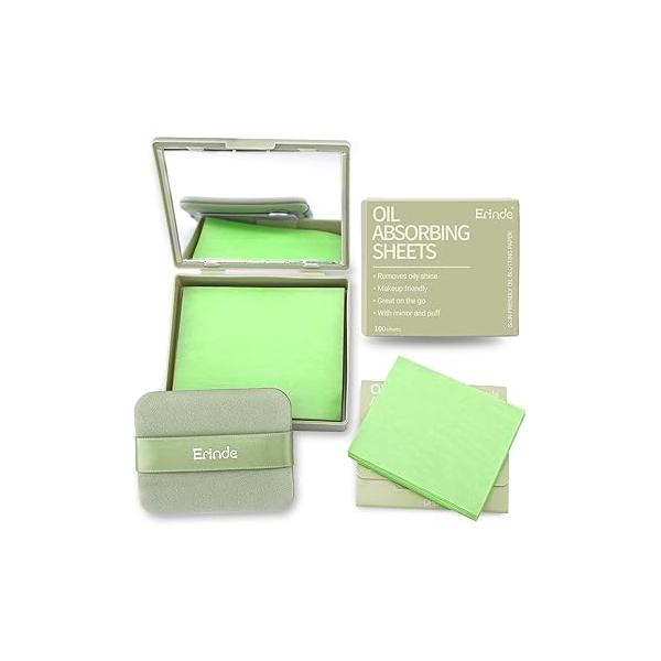 Erinde Oil Blotting Sheets for Face with Mirror and Puff, 300 Paper Oily Skin, Absorbing Sheet, Natural Control Film, Absorb Excess Oil, Makeup Friendly