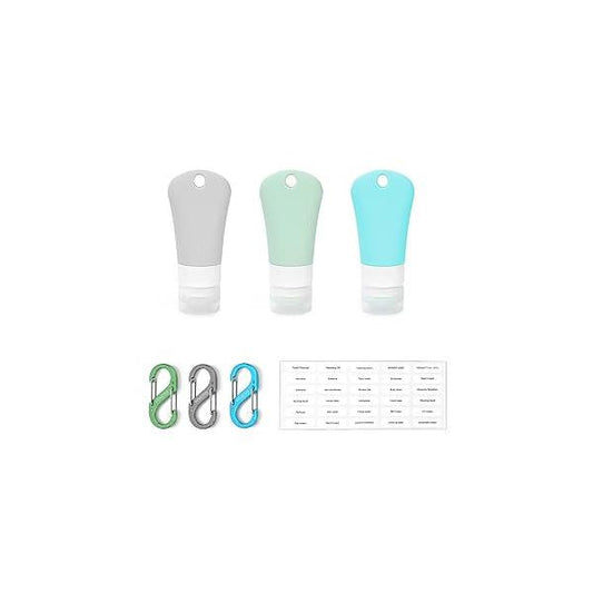 travel bottle set for dispensing toiletries (with label), leak-proof silicone (BPA-free) squeezable refillable liquid accessories cosmetics, shampoo and lotion soap (3PCS) (3 oz)