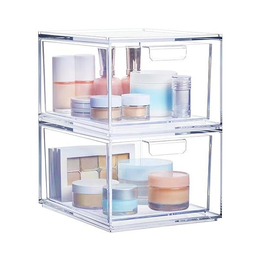 STORi Audrey Stackable Bin Clear Plastic Organizer Drawers | 2 Piece Set Organize Cosmetics and Beauty Supplies on a Vanity Made in USA