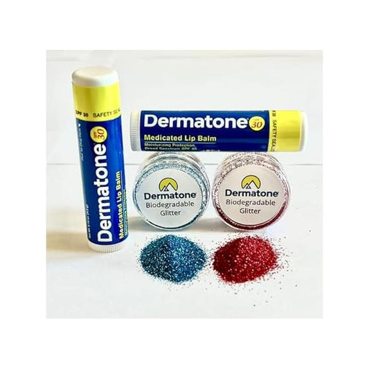 Lips & Face Glitter Kit - Snow/Ski/USA Designs High Sparkle Biodegradbale Includes 2 Colors + Stencil Skin Balm to Apply Perfect for Sports Charity Events, Festivals Parties