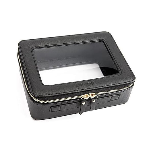 Aveniee Clear Makeup Bag Organizer, Portable Travel Toiletry Cosmetic Case for Women, Heavy Duty Pouch with zipper Transparent Vinyl Windows & Gold Zippers(Black)