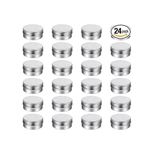 24 PCS 0.5 oz Aluminum Tin Jar Empty Metal Round Container Silver Refillable Bottle Mini Cosmetic Sample Box with Screw Lid for Candle Lip Balm Gloss Salve Makeup Eye Shadow Powder