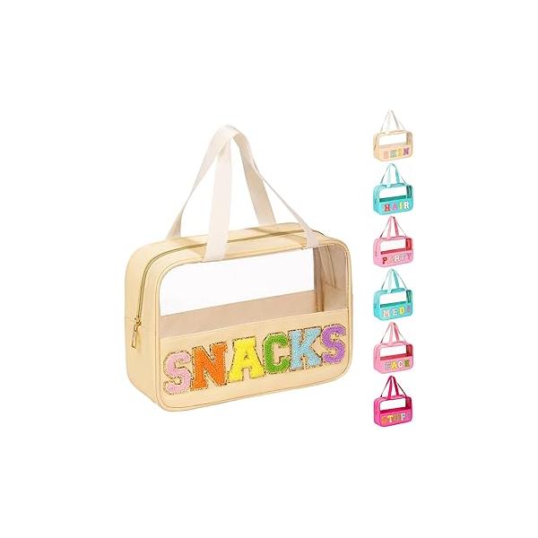 eurovicky Chenille Letter Patch Clear Makeup Bag, Preppy PVC&Nylon Bag with Handle and Zipper, Waterproof Large Travel Toiletry Storage for Women