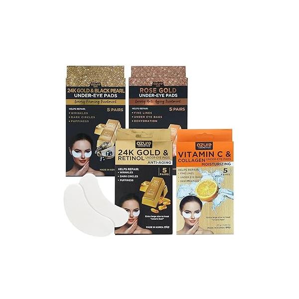 AZURE Rose Gold Luxury Anti Aging Under Eye Pads - Lifting, Smoothing & Hydrating Mask Patches Reduces Fine Lines, Wrinkles, Dark Circles Puffiness Skin Care Made in Korea 10 Pairs