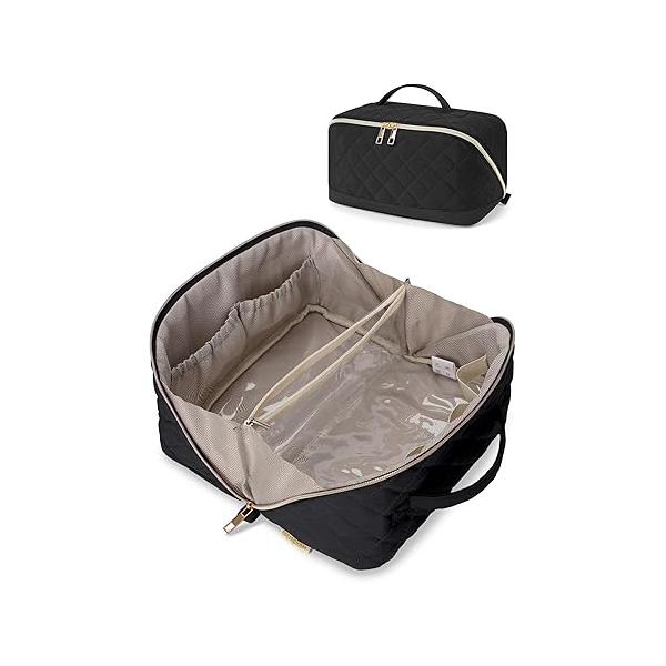 Wandering Nature Travel Makeup Bag,Travel Make up Bag with Large Capacity,Quilted Organizer Bag, Open Flat Toiletry for Women Cosmetic Divider and Handle,Patent Pending