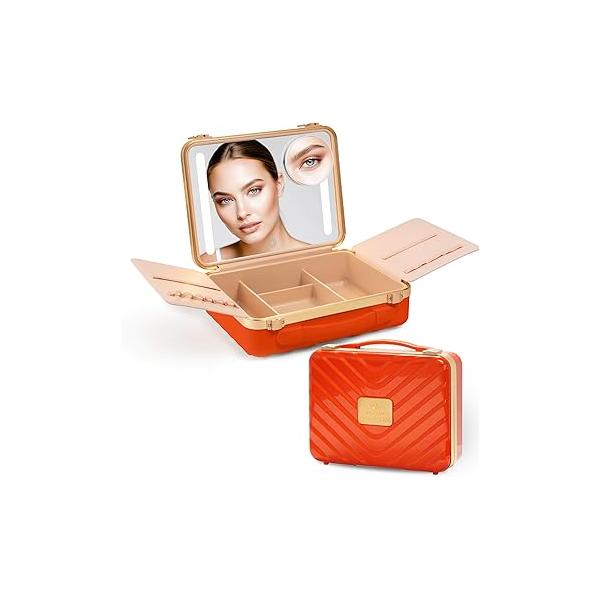 Lighted Makeup Case with Mirror - Portable Travel Organizer light up Mirror, 3 Light Settings, Rechargeable Bag and Lights Mini 10x magnifying included
