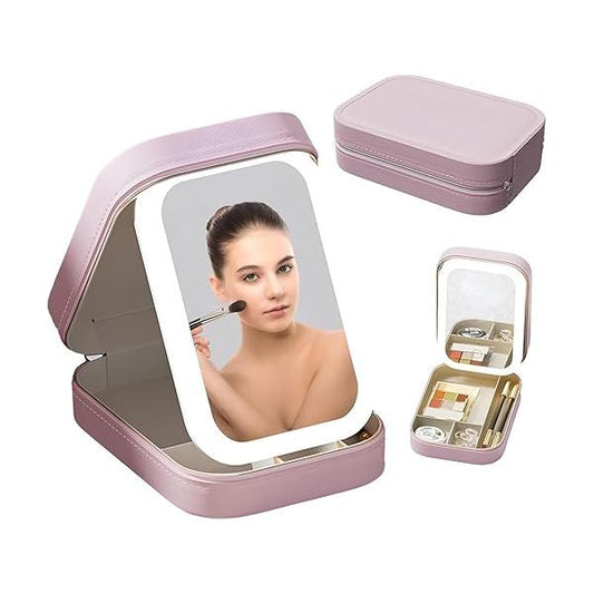 Makeup Case with LED Mirror, Three Color Brightness Adjustable Rechargeable Portable Cosmetic Case, Light Jewelry Box (Pink)