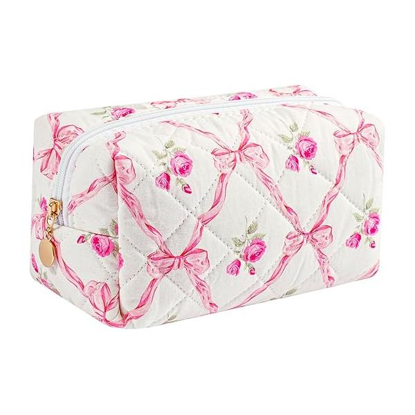 Gleyemor Small Quilted Makeup Bag for Women, Cute Floral Cotton Cosmetic Bag, Travel Toiletry Period Gifts Her Mom Friend Sister Bridesmaid (Purple Flower)