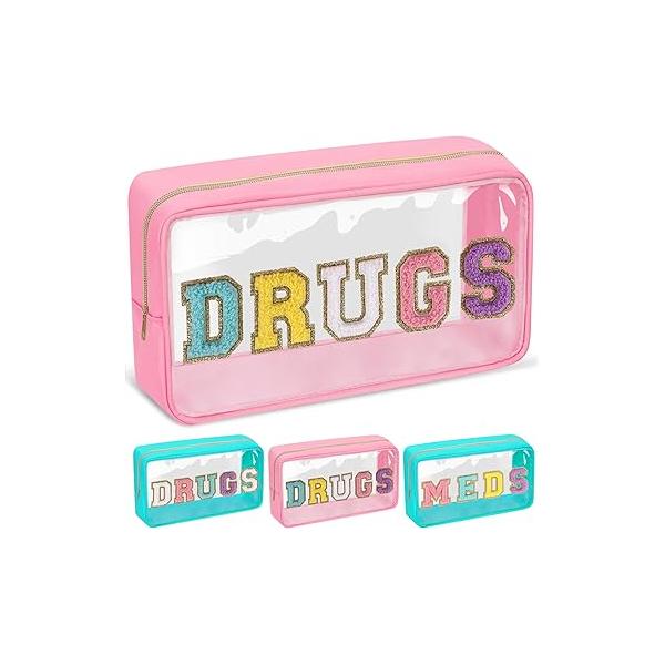 Chenille Letter Bag Clear MEDS Makeup Pouch, Preppy Small Medicine Travel Drugs Pills Zipper Pouch with Handle, Nylon Waterproof Portable Meds Toiletry Organizer for Patient Nurse(MEDS-Green)