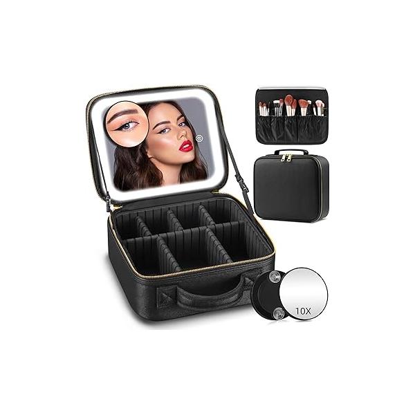 Lighted Travel Makeup Bag - 3 Colors, Mirror, 2-Layer Organizer with 10X Magnifying Mirror Portable Cosmetic Case Adjustable Dividers (Black)