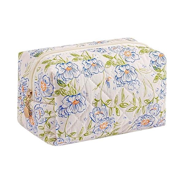 Gleyemor Small Quilted Makeup Bag for Women, Cute Floral Cotton Cosmetic Bag, Travel Toiletry Period Gifts Her Mom Friend Sister Bridesmaid (Purple Flower)
