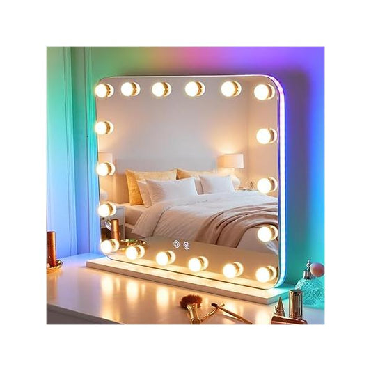 LUXFURNI Hollywood Mirror with Lights, 25" L x 21" W Makeup RGB Color Changing LED Lighted, Vanity Tabletop 18 Dimmable Bulbs, 3 Mode, Touch Control