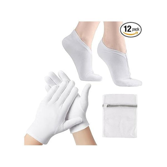 12 Pairs Cotton Moisturizing Gloves and Socks Set (1 Washing Bag Included), Dry Hands Feet Overnight Lotion SPA Treatment, Eczema Skin Friendly, Breathable Soft Glove Liners for Summer