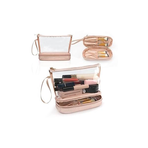 Ethereal Small Makeup Bag, 2 Layers Travel Make up Organizer Bag with Brush Holder, Portable Cosmetic for Women/Girls, Blue Flower