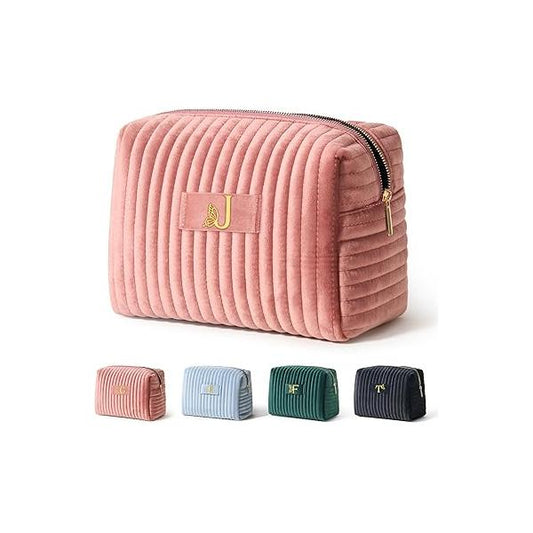 COSHAYSOO Travel Makeup Bag Quilted Make Up Pouch Initial Cosmetic Case with Butterfly Decorations for Women Compact Mirror Traveling Size Beauty Tools Accessories Organizer Pink Velvet Letter J