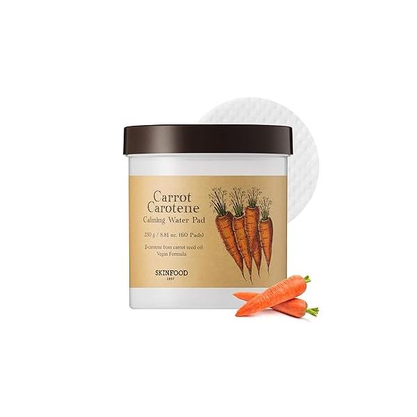 SKINFOOD Carrot Carotene Calming Water Toner Pads, Korean Skin Care Pad for Face, Deep Hydrating, Soothing, After Sun Skincare Sensitive Skin, Redness Relief, 100% Cotton, 8.81 oz (60 Pads)