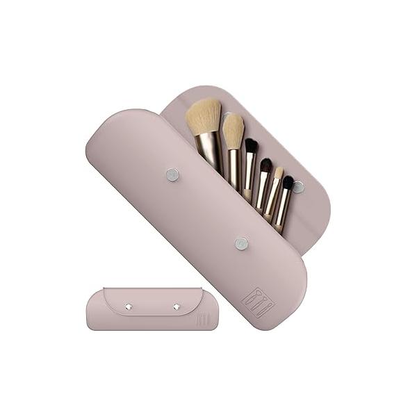 Travel Makeup Brush Holder，Silicone Holder ，Portable Cosmetic Organiser with Two Upgraded Anti-fall Off Magnetic Clips ， foldable, large capacity -Khaki