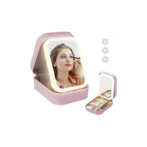 Travel Makeup Case with Lighted Mirror, Partitionable Cosmetic Bag, Professional Artist Organizer, Waterproof Portable, Toiletry Bag (Pink)