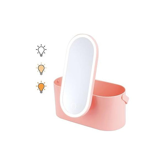 Travel Makeup Organizer Box with Mirror,Portable Cosmetic Case 3 Colors Dimmable LED Lighting Pink Multi-Purpose Storage Train Mirror for Women or Home(Pink)