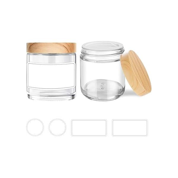 Glass Cosmetic Jars with Plastic Woodgrain Lids, 4 oz, 2 oz 1 Small Storage Lids & Stickers, Reusable Clear Travel Containers for Creams, Lotion, Balms, Ointment 3 pack