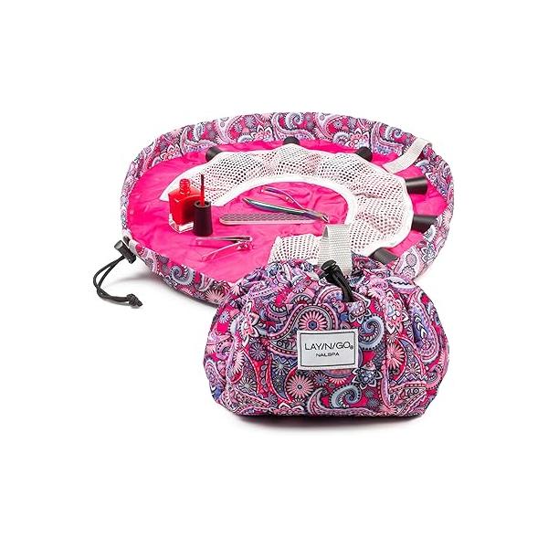 Lay-n-Go NailSpa Drawstring Cosmetic Bag - Portable Nail Supplies Organizer w/ 8 Elastic Mesh Pockets & Circular Center Durable, Machine Washable Kit (18", Blue Polka Dot)