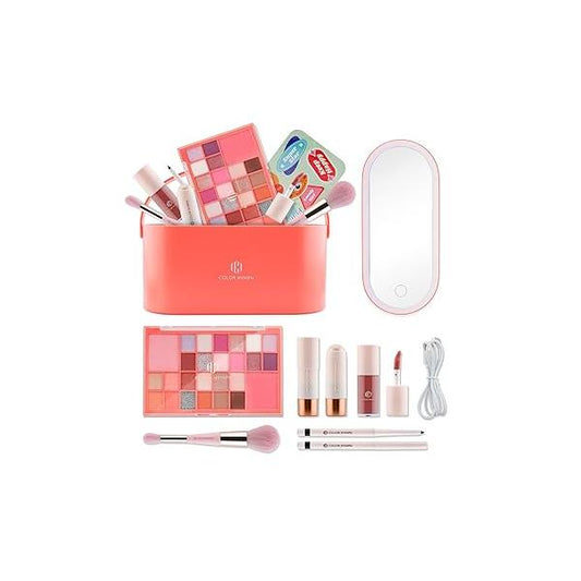 Color Nymph Makeup for Kids丨Kids Sets Girls with LED Mirror, Kit Teens Non-Toxic 26-Color Vegan Face Palette Highlighter Lipgloss Eyeliner Brush