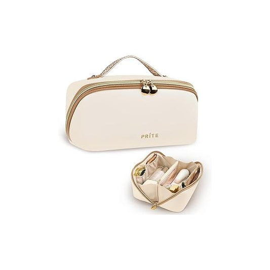 Prite Makeup Bag for Women Travel Waterproof Vegan Leather Cosmetic Open Flat Toiletry With Clear Divider and Handle (Large Beige)