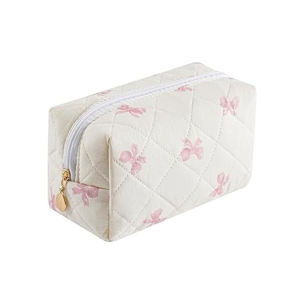 Gleyemor Small Quilted Makeup Bag for Women, Cute Floral Cotton Cosmetic Bag, Travel Toiletry Period Gifts Her Mom Friend Sister Bridesmaid (Purple Flower)