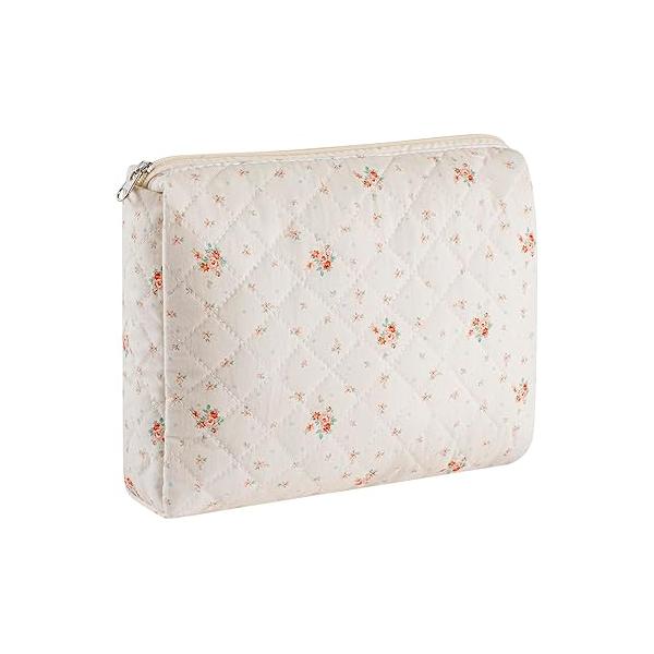 Gleyemor Small Quilted Makeup Bag for Women, Cute Floral Cotton Cosmetic Bag, Travel Toiletry Period Gifts Her Mom Friend Sister Bridesmaid (Purple Flower)