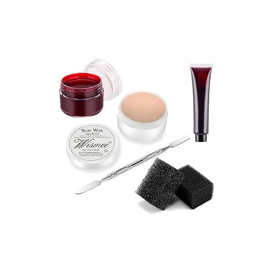Fake Blood Sfx Makeup Kit Scar Wax(1.6 Oz) with Scab Coagulated Gel, Spatula Tool Cosmetics Mixer，Stipple Sponge, Professional Halloween Wound Skin Wax for Darker Tone