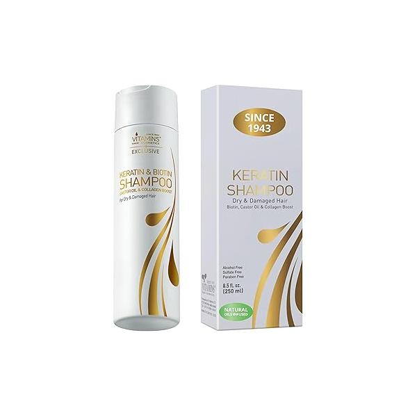 VITAMINS hair cosmetics Keratin Shampoo Treatment - Biotin & Collagen Protein with Castor Oil for Curly Wavy or Straight Locks Sulfate Free Product Dry Damaged Color Treated Hair