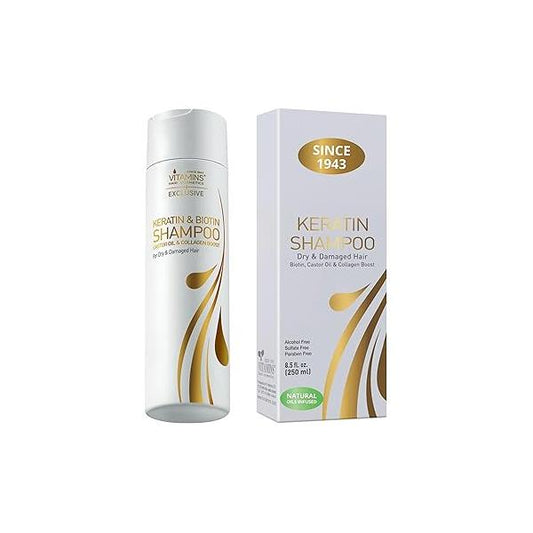 VITAMINS hair cosmetics Keratin Shampoo Treatment - Biotin & Collagen Protein with Castor Oil for Curly Wavy or Straight Locks Sulfate Free Product Dry Damaged Color Treated Hair