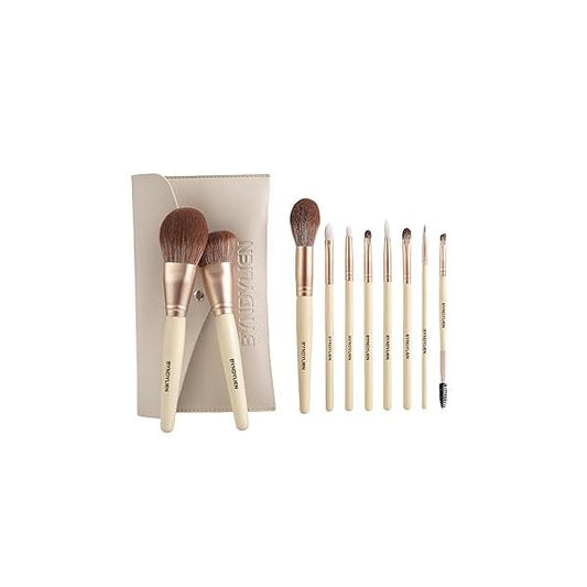 Makeup Brush Set - 10PCS Brushes with Bag, Synthetic Goat Hairs Bristles and Wood Handle including Eyeshadow Brushes, Concealer, Eyeliner, Eyebrow Lip