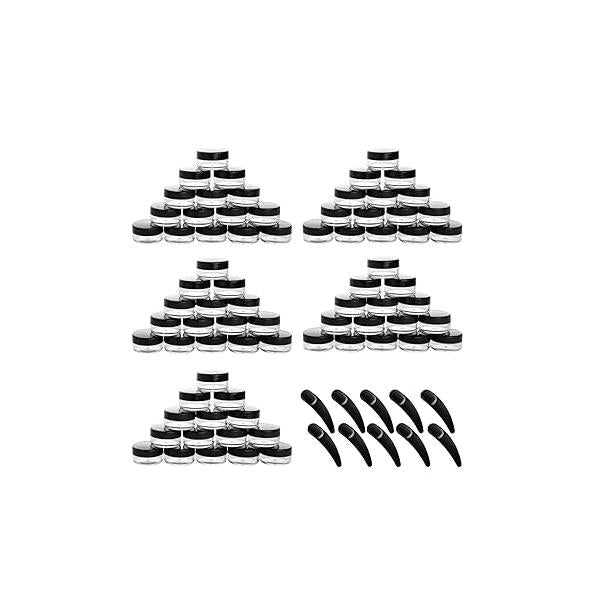 100 Pcs 20g Plastic Sample Cosmetic Containers with Lids and 10 Mini Makeup Spatula，Refillable Jars Lip Scrub for Skincare - Black