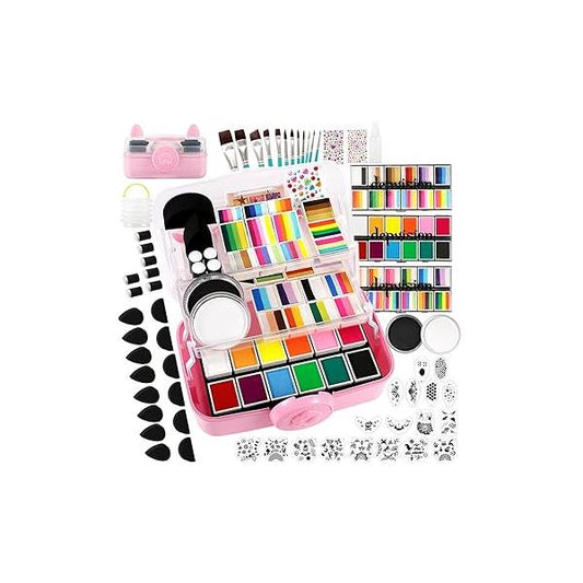 Professional Face Painting kit for Kids Adult Painter, 110 Colors Depvision Split Cake Paint 96 pcs Set Non-Toxic Washable & Safe with Brushes Sponges Glitter Stencils Halloween Xmas