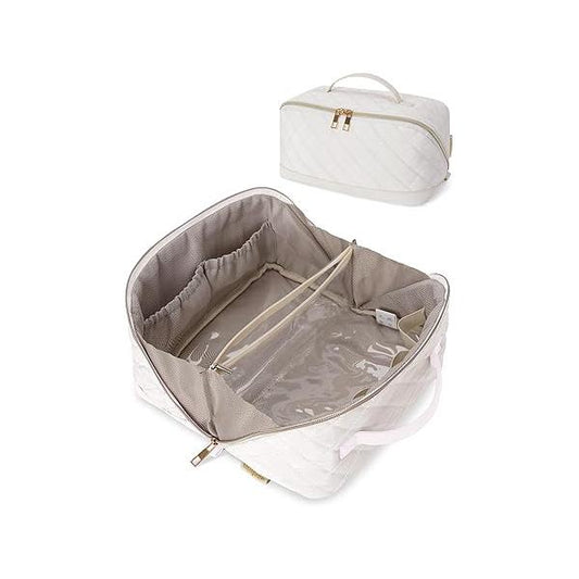 Wandering Nature Travel Makeup Bag,Travel Make up Bag with Large Capacity,Quilted Organizer Bag, Open Flat Toiletry for Women Cosmetic Divider and Handle,Patent Pending