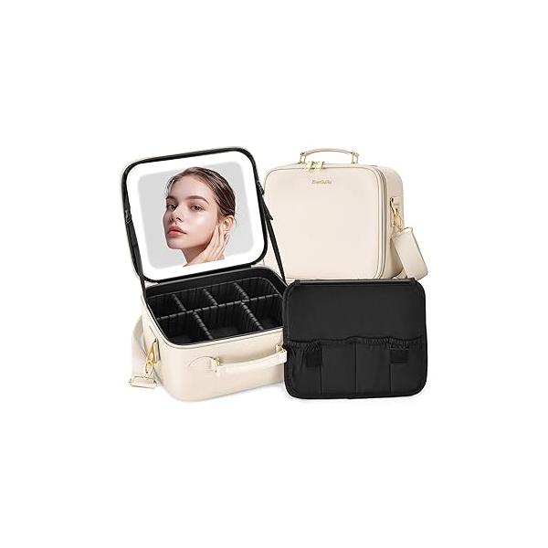 Travel Makeup Bag Cosmetic Organizer with Lighted Mirror, Waterproof Light Up Case for Brush Holder Storage, Large Toiletry Women Gift